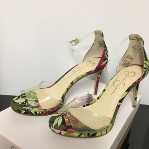 Jessica Simpson Tropical Print Clear Strap High Heel Sandals - Multicolor